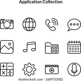 Vector illustration of thin line icons for app, camera, web, contact, message, gallery, music, setting, record, calendar, video player