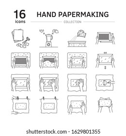Vector illustration. Thin line icons of hand papermaking process. Related for logo, instruction, handmade paper workshop. Including mould and deckle, pulp, slurry, pressing, drying. Linear symbols set