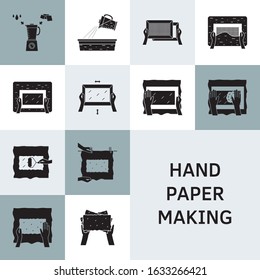 Vector illustration. Thin line icons of hand papermaking process. Related for logo, instruction, handmade paper workshop. Including mould and deckle, pulp, slurry, pressing, drying. Linear symbols set