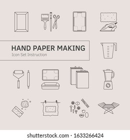 Vector illustration. Thin line icons of the items for hand papermaking. Related for logo, tutorial, handmade recycle paper workshop. Cotton paper handmade ancient technique, craft. Linear symbols set