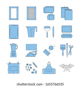  Ilustración vectorial. Iconos de línea delgada de los elementos para la fabricación manual de papel. Relacionado con el logotipo, tutorial, taller de papel de reciclaje hecho a mano. Papel de algodón, técnica antigua hecha a mano, artesanía. Conjunto de símbolos lineales.