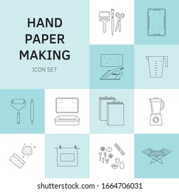 Vector illustration. Thin line icons of the items for hand papermaking. Related for logo, tutorial, handmade recycle paper workshop. Cotton paper handmade ancient technique, craft. Linear symbols set.