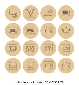  Ilustración vectorial. Iconos de línea delgada del proceso de fabricación de papel a mano. Relacionado con el logotipo, instrucción, taller de papel hecho a mano. Incluyendo moho y hebilla, pulpa, purga, presión, secado. Conjunto de símbolos lineales