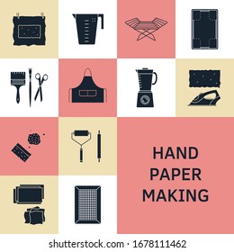  Ilustración vectorial. Iconos de línea delgada de los elementos para la fabricación manual de papel. Relacionado con el logotipo, tutorial, taller de papel de reciclaje hecho a mano. Papel de algodón, técnica antigua hecha a mano, artesanía. Conjunto de símbolos lineales.
