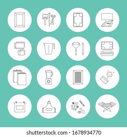 Vector illustration. Thin line icons of the items for hand papermaking. Related for logo, tutorial, handmade recycle paper workshop. Cotton paper handmade ancient technique, craft. Linear symbols set