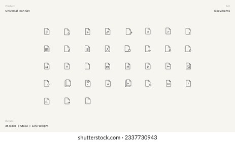 Ilustración vectorial de iconos de línea delgada para archivos de documentos. 
 Conjunto de símbolos lineales. Gran conjunto de iconos de la interfaz de usuario. Empaquetar iconos finos. Ilustración del vector editable EPS10.