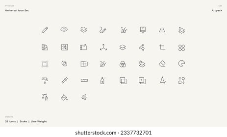 Vektorgrafik von Dünnzeilenikonen für Artpack-Künstler. 
 Lineare Symbole gesetzt. Das große UI-Icon-Set. Ikonen-Paket mit dünner Herde. Bearbeitbare Vektorgrafik EPS10.