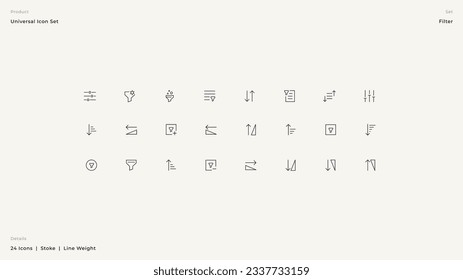 Vector illustration of thin line icons for filter system. 
 Linear symbols set. Big UI icon set. Thin stoke icons pack. Editable Vector illustration EPS10.