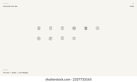 Vector illustration of thin line icons for trash or bin. 
 Linear symbols set. Big UI icon set. Thin stoke icons pack. Editable Vector illustration EPS10.