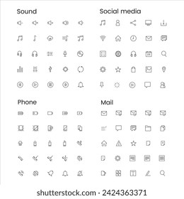 Vector illustration of thin line icons for phone, sound, email, social media 