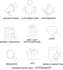 Vector illustration of thin line icons for business, marketing, and customer engagement, including advertising, customer care, partnership, market research, gift with purchase, likes, research, gift, and mobile marketing.