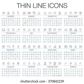 Vector illustration of thin line icons for business, banking, contact, social media, technology, seo, logistic, education, sport, medicine, travel, weather, construction, arrow. Linear symbols set.