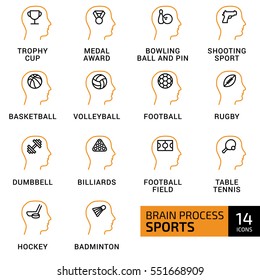 Vector illustration of thin line icons for brain process, sports, trophy cup, basketball, volleyball, football, dumbbell, billiards, table tennis, hockey, badminton. Linear and color symbols set.