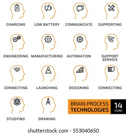 Vector illustration of thin line icons for brain process, technologies, supporting, engineering, manufacturing, connecting, launching, designing, connecting, studying. Linear and color symbols set.