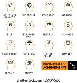 Vector illustration of thin line icons for brain process, achievements, target hit, progress, growth, sale, strategy map, best buy, calculating, good idea, sales funnel. Linear and color symbols set.