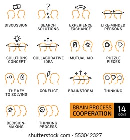 Vector illustration of thin line icons for brain process, cooperation, discussion, search
solutions, experience exchange, like-minded persons, key to solving, brainstorm. Linear and color symbols set.