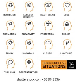 Vector illustration of thin line icons for brain process, situations, recycling, heartbreak, love, promotion, creativity, protection, choice, thinking, concentration. Linear and color symbols set.