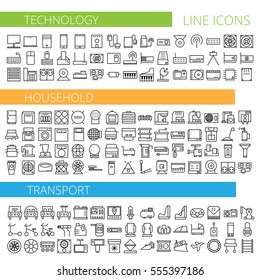 Vector illustration of thin line icons for technology household and transport - Linear symbols set
