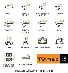 Vector illustration of thin line icons for travel Icons, airport, airplane. Linear and color symbols set.