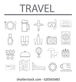 Vector illustration of thin line icons for travel. Linear symbols set. 