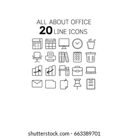 Vector illustration of thin line icons for office and business Linear symbols set.
