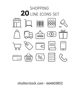 Vector illustration of thin line icons for shopping Linear symbols set.