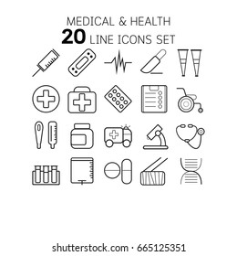 Vector illustration of thin line icons for medical and health Linear symbols set.