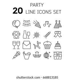 Vector illustration of thin line icons for Party Linear symbols set 64*64 pixel.