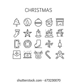 Vector illustration of thin line icons for Christmas Linear symbols set 64X64 pixels