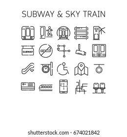 Vector illustration of thin line icons for Subway and Sky train Linear symbols set 64*64 pixels