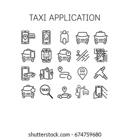 Vector illustration of thin line icons for Taxi application Linear symbols set 64*64 pixels