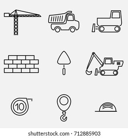 Vector Illustration of Thin Line Icons for Build. Editable Line. Collection 2. Linear Symbols Set:  Crane, Dump Truck, Bulldozer, Bricks, Trowel, Tractor, Tape Measure, Hook, Helmet.