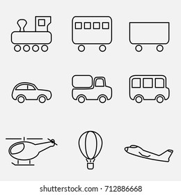 Vector Illustration of Thin Line Icons for Transport. Editable Line. Collection 6. Linear Symbols Set: Vintage, Passenger, Freight Train, Car, Truck, Bus, Helicopter, Balloon, Airplane.