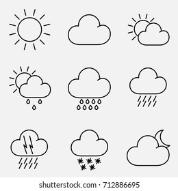 Vector Illustration of Thin Line Icons for weather. Editable Line. Collection 4. Linear Symbols Set: Sun, Cloud, Rain, Thunderstorm,  Snow, Moon.