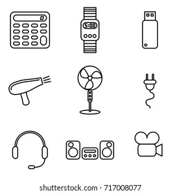 Vector illustration of Thin Line Icons for Electronics. Editable Line. Collection 14. Linear Symbols Set: Calculator, Watch, Flash Drive, Hair Dryer, Fan, Electric Plug, Headset, Music Center, Camera.