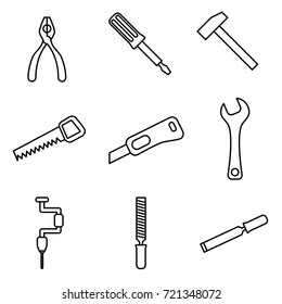 Vector Illustration of Thin Line Icons for Tools. Editable Line. Collection 23. Linear Symbols Set: Pliers, Screwdriver, Hammer, Saw, Knife, Key, Drill, File, Chisel.