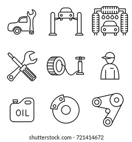 Vector Illustration of Thin Line Icons for Car Service. Editable Line. Collection 21. Linear Symbols Set: Car and key, Lift, Car wash, Key and screwdriver, Tire inflation, Master, Oil, Brakes, Strap.