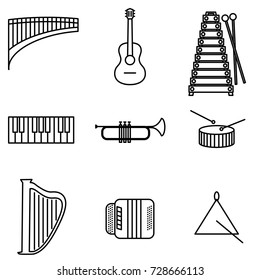 Vector Illustration of Thin Line Icons for Musical Instruments. Editable Line. Collection 26. Linear Symbols Set: Flute, Guitar, Metalophone, Piano Keyboard, Trumpet, Drum, Harp, Bayan, Triangle.