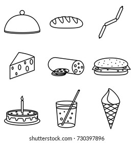 Vector Illustration of Thin Line Icons for Food. Editable Line. Collection 29. Linear Symbols Set: Bread, Sausages, Cheese, Burger, Cake, Cocktail, Ice Cream.