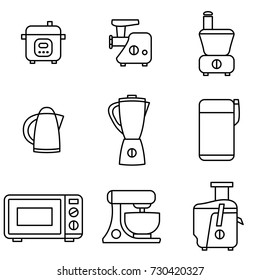 Vector Illustration of Thin Line Icons for Kitchen Appliances. Collection 30. Symbols Set: Pressure Cooker, Meat grinder, Vegetable cutter, Kettle, Blender, Coffee grinder, Microwave, Mixer, Juicer.