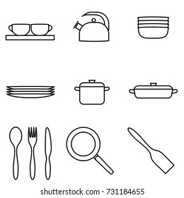 Vector Illustration of Thin Line Icons for Dishes. Editable Line. Collection 32. Linear Symbols Set: Cups, Kettle, Plates, Casserole, Spoon, Fork, Knife, Frying pan, Shovel.