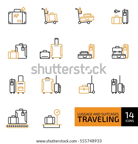 Vector illustration of thin line icons for travel Icons, baggage, suitcase and luggage. Linear and color symbols set.