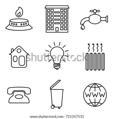 Vector Illustration of Thin Line Icons for Communal Payments. Editable Line. Linear Symbols Set: Gas, Apartment, Water, House, Electricity, Heating, Phone, Garbage, Internet.