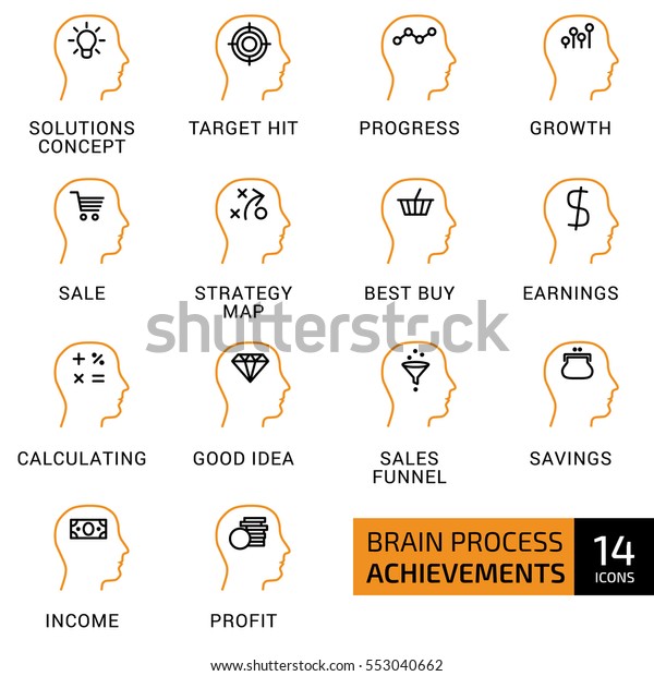 Vector illustration of thin line icons for brain\
process, achievements, target hit, progress, growth, sale, strategy\
map, best buy, calculating, good idea, sales funnel. Linear and\
color symbols set.