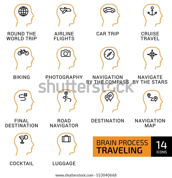 Vector illustration of thin line icons for brain\
process, traveling, round the world trip, airline flights, cruise\
travel, biking, photography, cocktail, luggage. Linear and color\
symbols set.