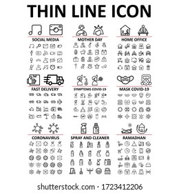 vector illustration thin line mini icons set. Contains such Icons as, information, technology, social media, mother day, delivery, corona virus, ramadhan, cleaner. With 48x48 pixel perfect.