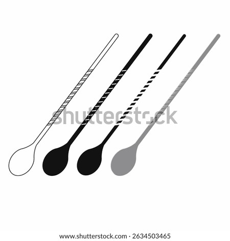 Vector illustration thin line, outline,silhouette of four bar spoons with twisted stems in outline, black, and gray colors. Perfect for icon, logo,symbol,cocktail menu, barware labels, mixology design