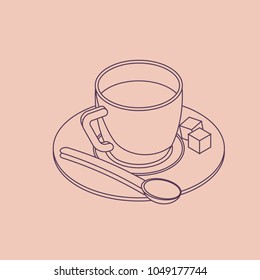Vector illustration thin line sketch with 3D coffee cup with pieces of sugar in isometric flat style