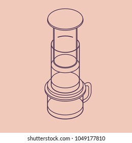 Vector illustration thin line sketch with 3D coffee aeropress. Coffee maker in isometric flat style on blue background