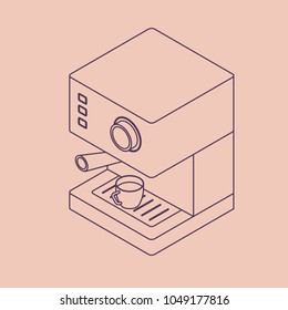 Vector illustration thin line sketch with 3D electric coffee machine. Coffee equipment in isometric flat style on blue background